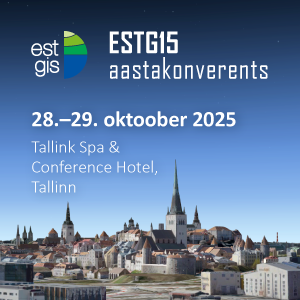 ESTGISi aastakonverentsi toimumise info tekstuuriga kaetud 3D hoonetega Tallinna vanalinna siluettvaate taustal